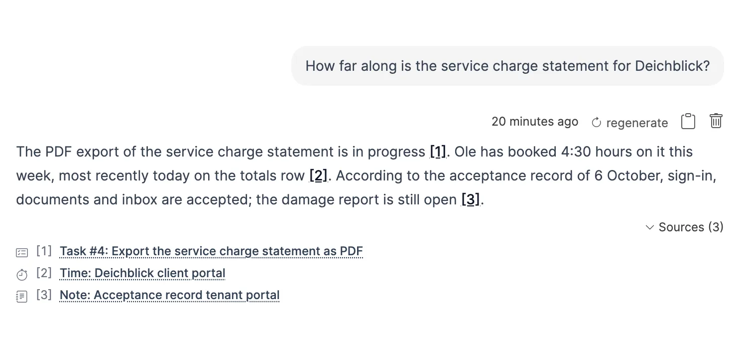 The assistant answers how far along a client's service charge statement is and names three sources: the ticket, the hours booked and a note.