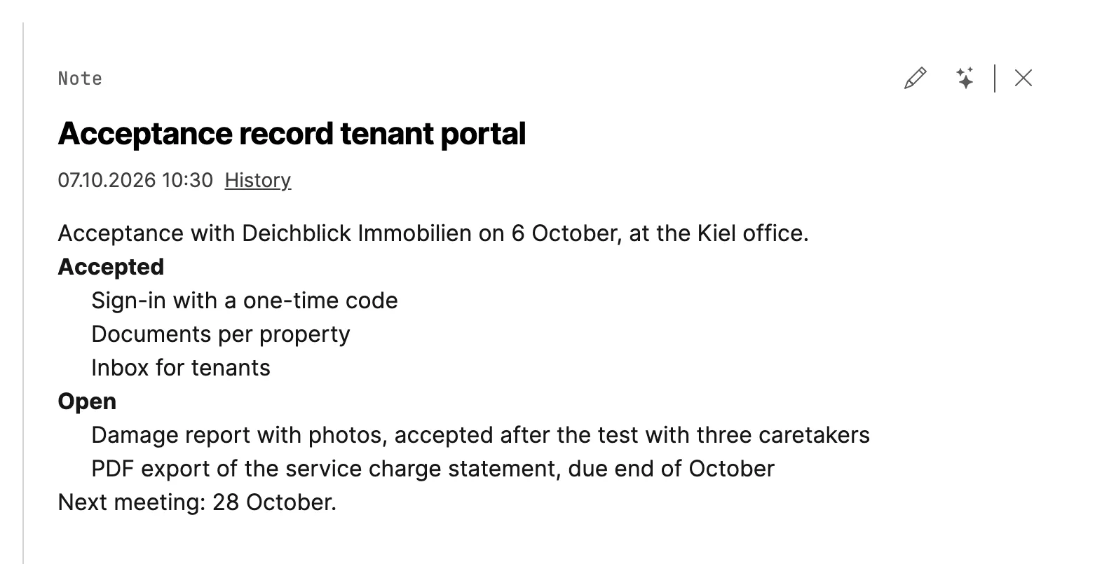 The knowledge page of a project with an open acceptance record listing the accepted and the open items.