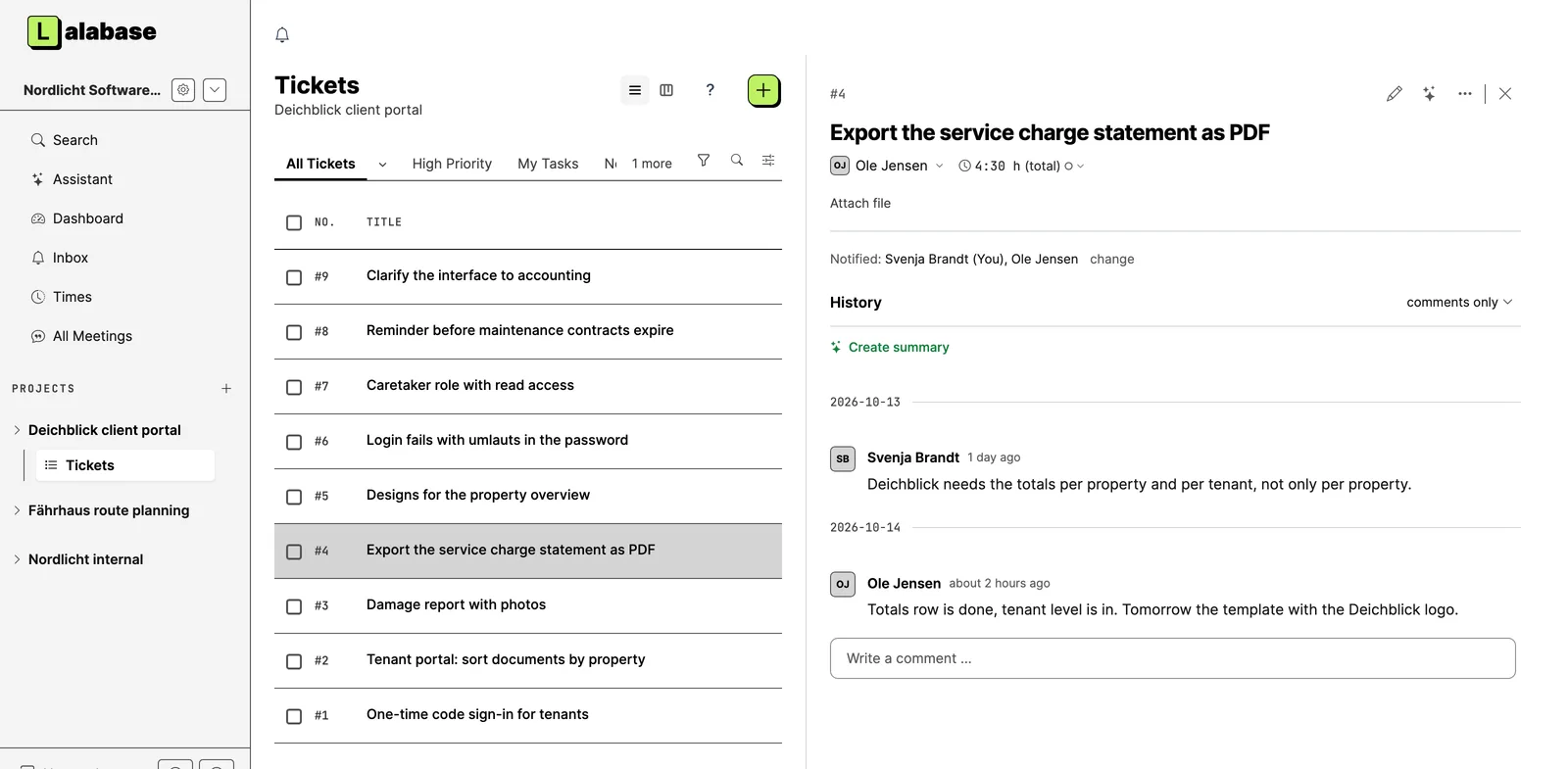 An open ticket next to the list, with its assignee, 4:30 hours booked and two comments from the team.