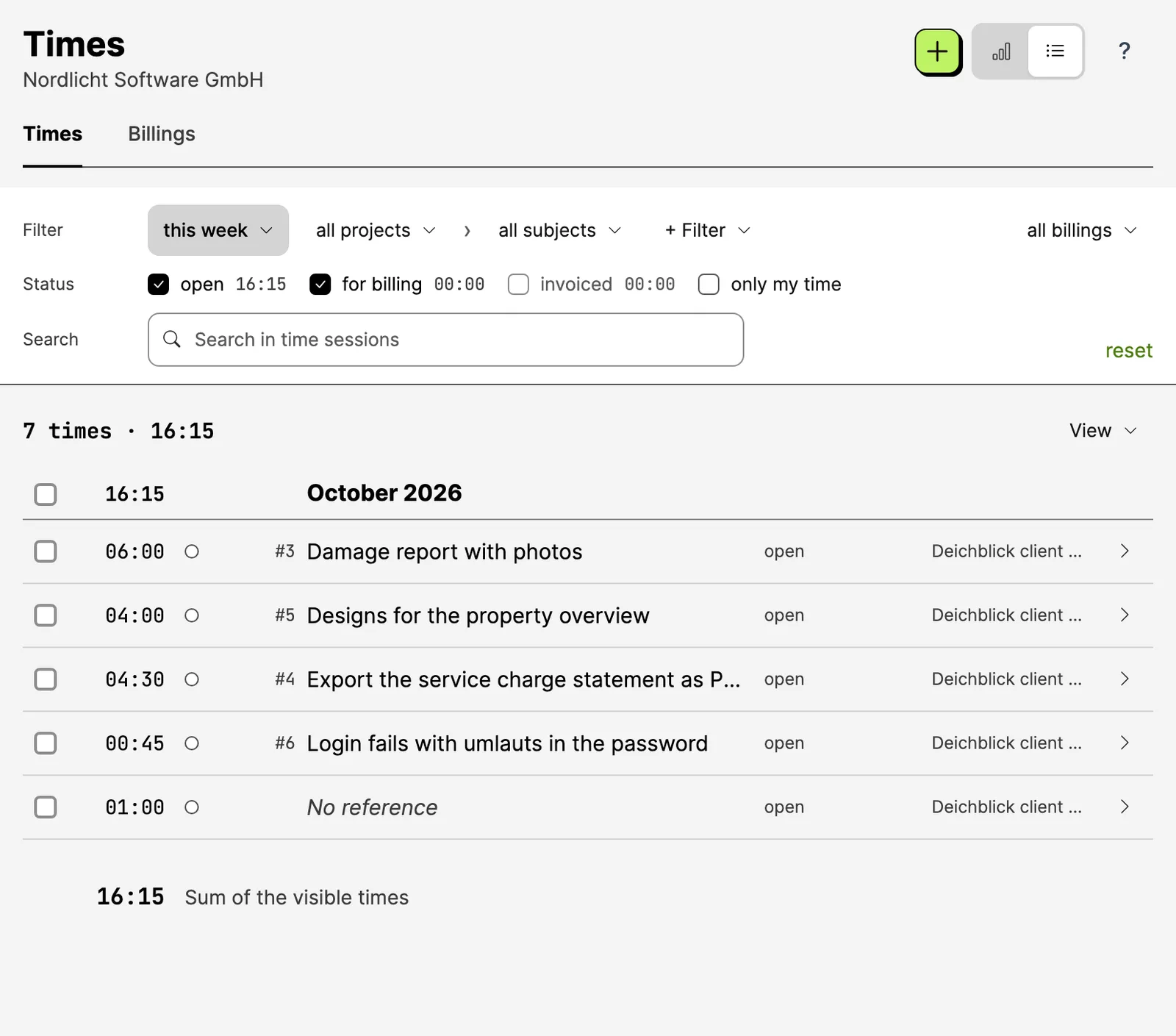 The hours of this week, each with ticket, duration and billing status, with the filters and the total above.